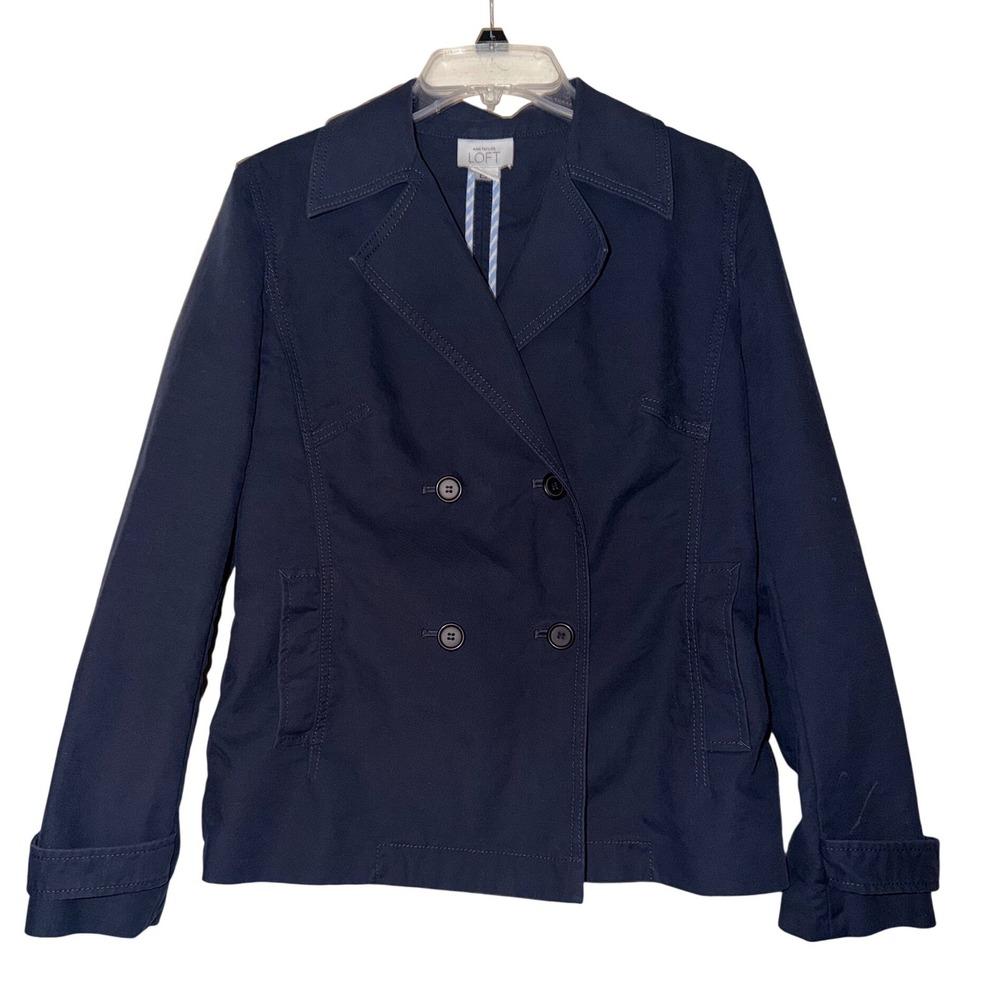 LOFT Double Breasted Navy Blue Cotton Trench Style Jacket‎ Women's Size 8